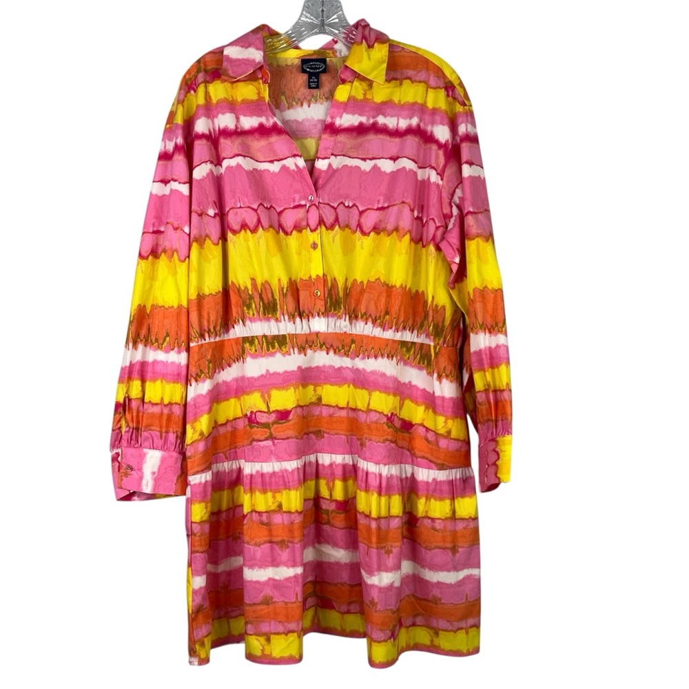 Scoop Mini Dress Women’s XL Pink Tie Dye Stripe Long Sleeve Shirt Button Pockets